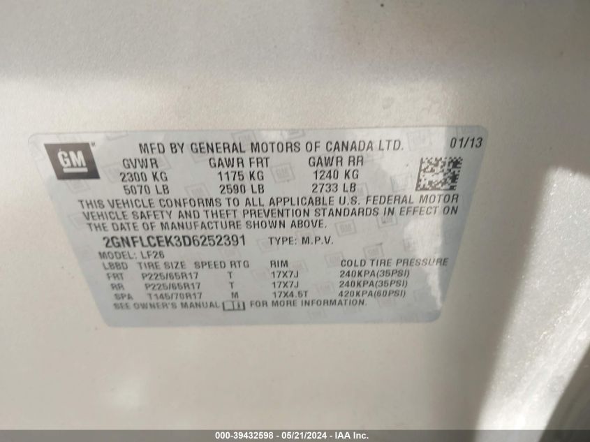 2013 Chevrolet Equinox Ls VIN: 2GNFLCEK3D6252391 Lot: 39432598