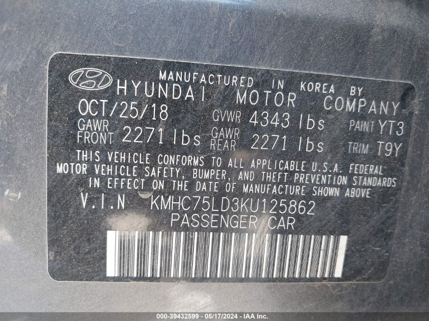 2019 Hyundai Ioniq Limited VIN: KMHC75LD3KU125862 Lot: 39432599