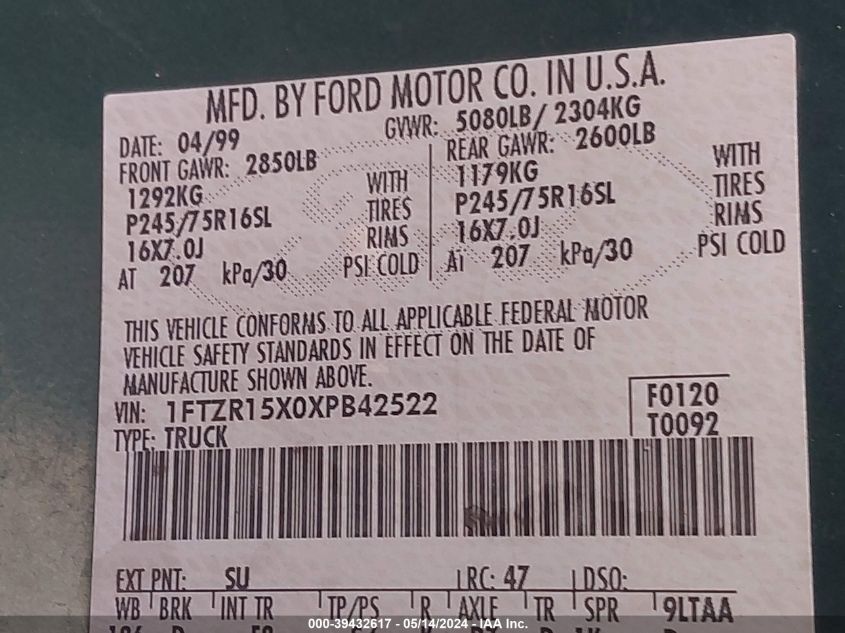 1999 Ford Ranger Xlt VIN: 1FTZR15X0XPB42522 Lot: 39432617