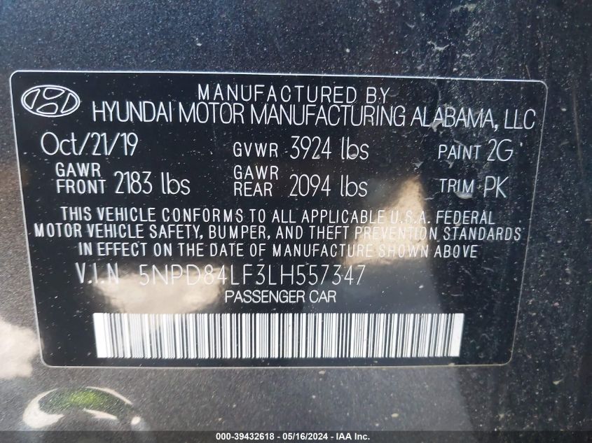 2020 Hyundai Elantra Sel VIN: 5NPD84LF3LH557347 Lot: 39432618