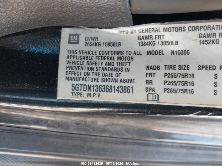 2006 Hummer H3 VIN: 5GTDN136368143861 Lot: 39432635