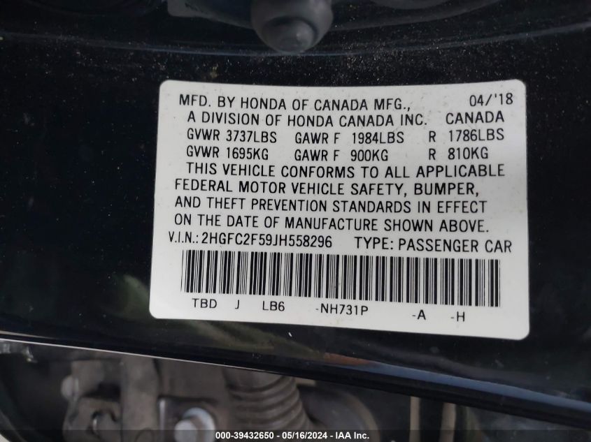 2018 Honda Civic Lx VIN: 2HGFC2F59JH558296 Lot: 39432650