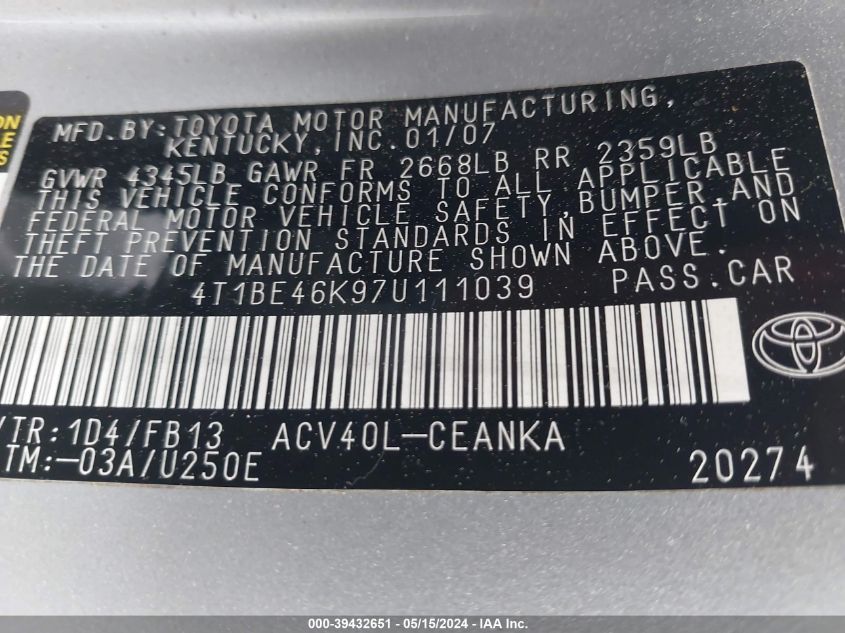 2007 Toyota Camry Le VIN: 4T1BE46K97U111039 Lot: 39432651