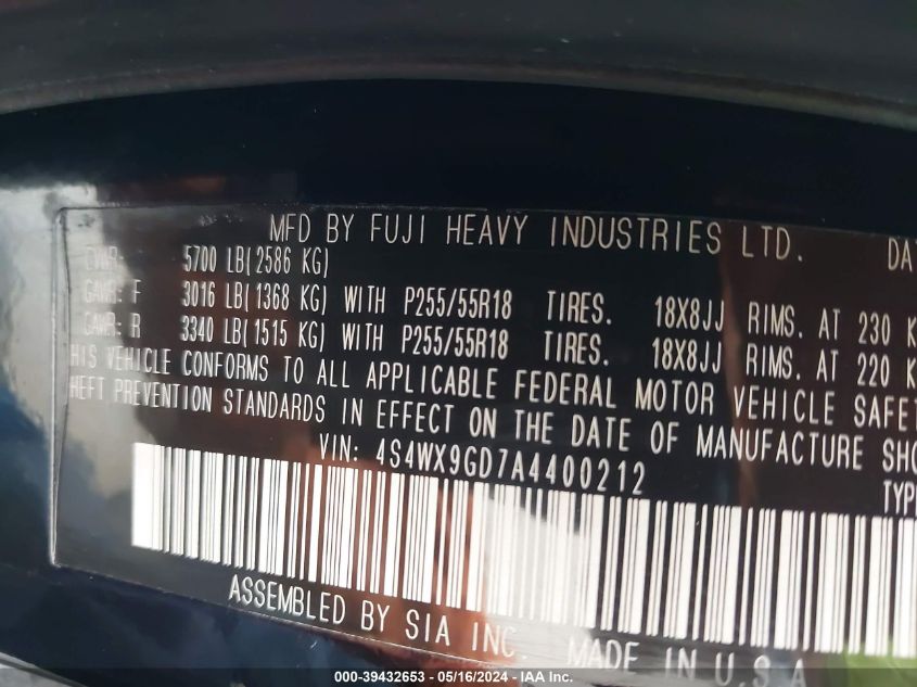 2010 Subaru Tribeca 3.6R Limited VIN: 4S4WX9GD7A4400212 Lot: 39432653