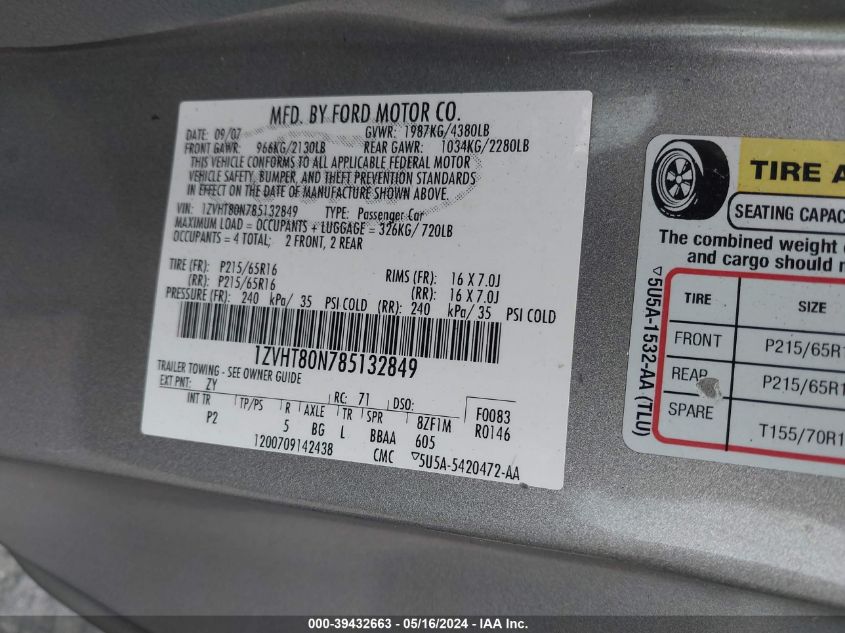 2008 Ford Mustang V6 Deluxe VIN: 1ZVHT80N785132849 Lot: 39432663