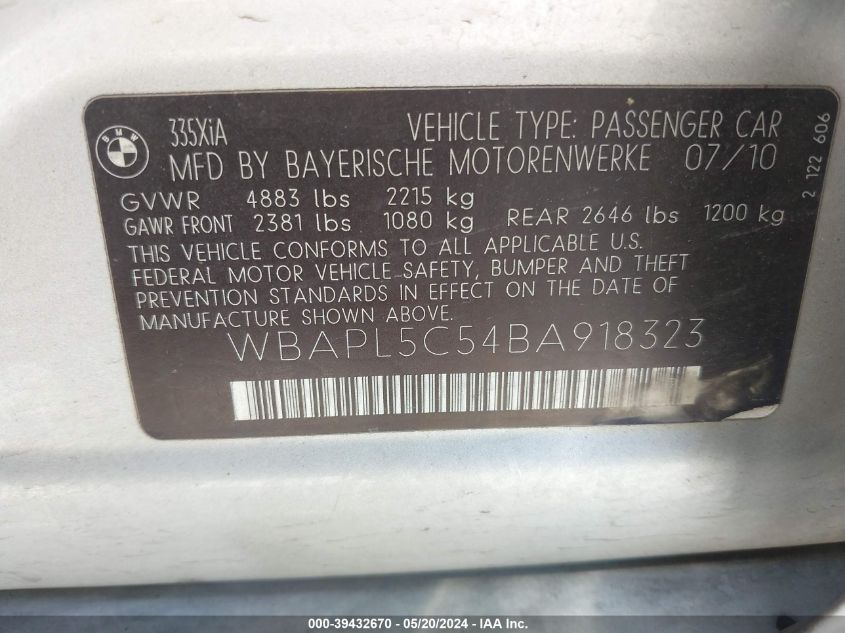 2011 BMW 335I xDrive VIN: WBAPL5C54BA918323 Lot: 39432670