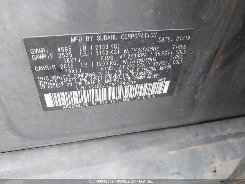 2019 Subaru Outback 2.5I Limited VIN: 4S4BSAJC8K3298036 Lot: 39432672