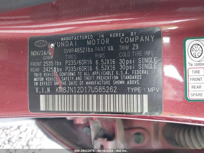 2007 Hyundai Tucson Limited/Se VIN: KM8JN12D17U585262 Lot: 39432676