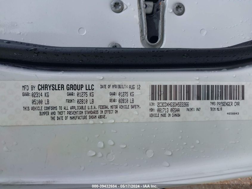 2013 Dodge Charger Sxt Plus VIN: 2C3CDXHG3DH522266 Lot: 39432684