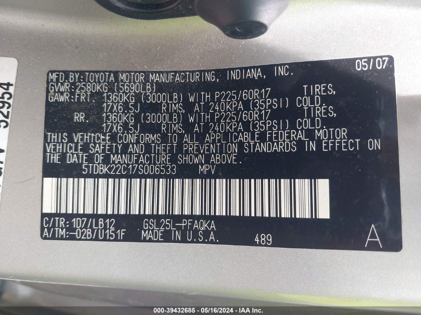 2007 Toyota Sienna Xle Limited VIN: 5TDBK22C17S006533 Lot: 39432685