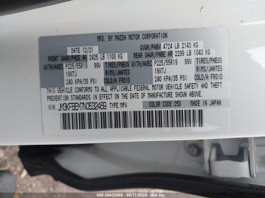 2022 Mazda Cx-5 2.5 S Premium Plus VIN: JM3KFBEM7N0532469 Lot: 39432689