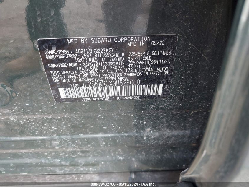 2022 Subaru Forester Touring VIN: JF2SKARCXNH526068 Lot: 39432706
