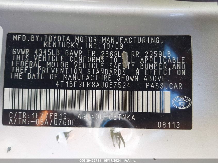 2010 Toyota Camry VIN: 4T1BF3EK8AU057524 Lot: 39432711