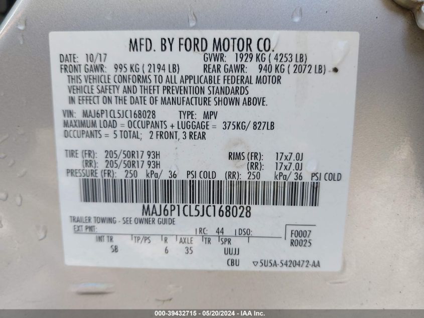 2018 Ford Ecosport Ses VIN: MAJ6P1CL5JC168028 Lot: 39432715