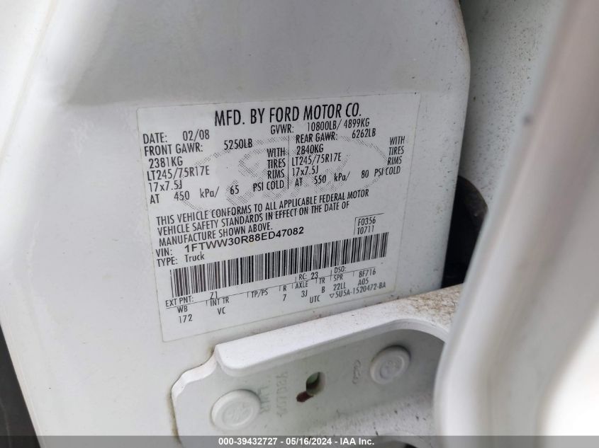 2008 Ford F-350 King Ranch/Lariat/Xl/Xlt VIN: 1FTWW30R88ED47082 Lot: 39432727