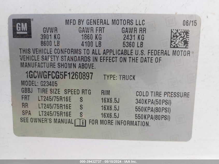 2015 Chevrolet Express G2500 VIN: 1GCWGFCG5F1260897 Lot: 39432737