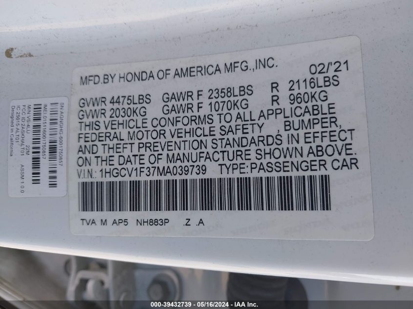2021 Honda Accord Sport VIN: 1HGCV1F37MA039739 Lot: 39432739