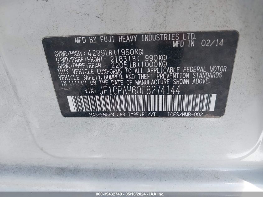 2014 Subaru Impreza Limited VIN: JF1GPAH60E8274144 Lot: 39432740