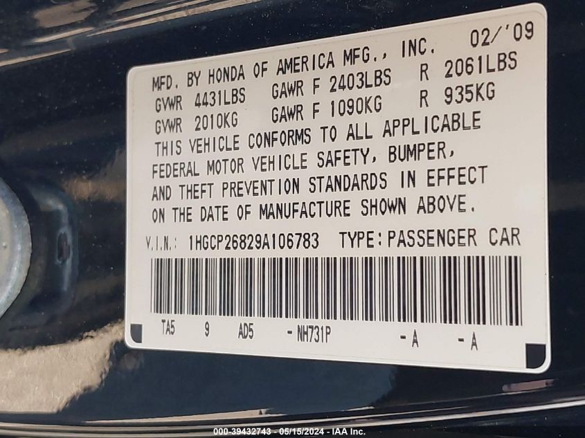 2009 Honda Accord 2.4 Ex-L VIN: 1HGCP26829A106783 Lot: 39432743
