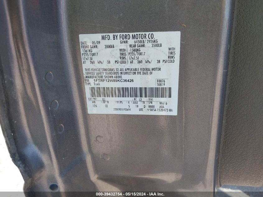 2009 Ford F-150 Stx/Xl/Xlt VIN: 1FTRF12W89KC36426 Lot: 39432754