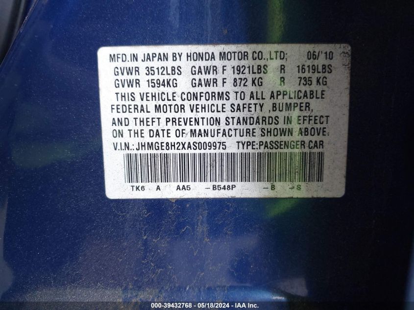 2010 Honda Fit VIN: JHMGE8H2XAS009975 Lot: 39432768