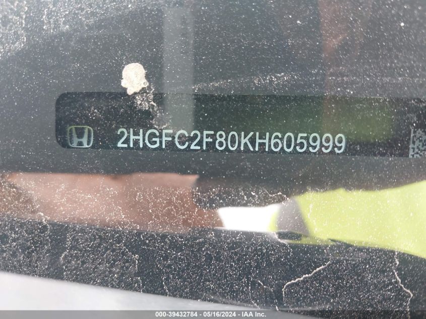 2019 Honda Civic Sport VIN: 2HGFC2F80KH605999 Lot: 39432784