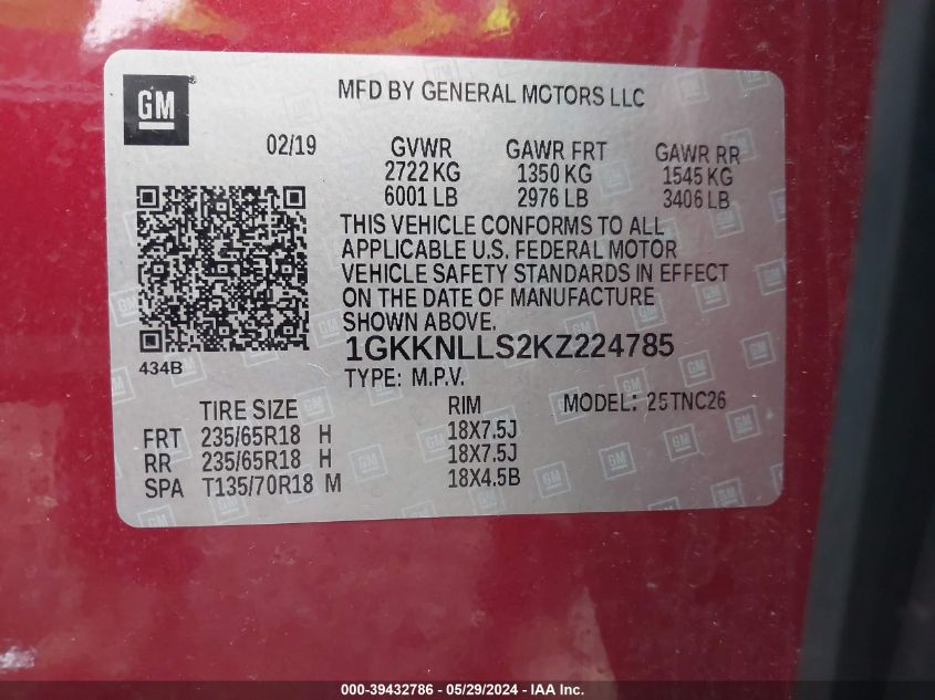 2019 GMC Acadia Sle-2 VIN: 1GKKNLLS2KZ224785 Lot: 39432786