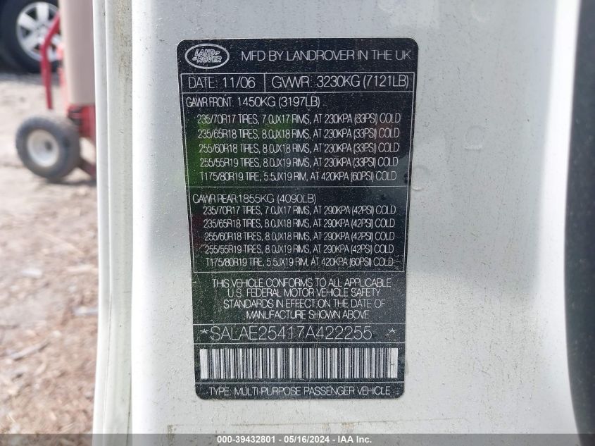 2007 Land Rover Lr3 V8 Se VIN: SALAE25417A422255 Lot: 39432801