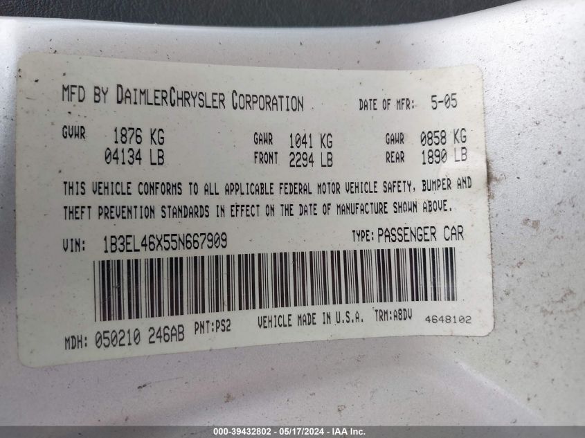 2005 Dodge Stratus Sxt VIN: 1B3EL46X55N667909 Lot: 39432802