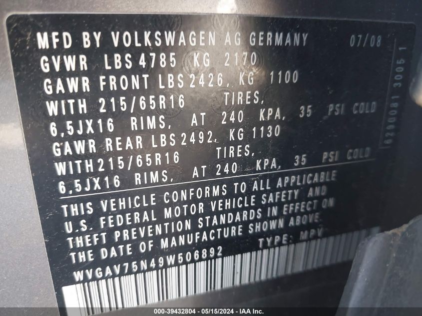 2009 Volkswagen Tiguan S/Se/Sel VIN: WVGAV75N49W506892 Lot: 39432804