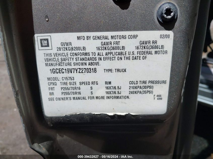 2000 Chevrolet Silverado 1500 Ls VIN: 1GCEC19V7YZ270318 Lot: 39432827