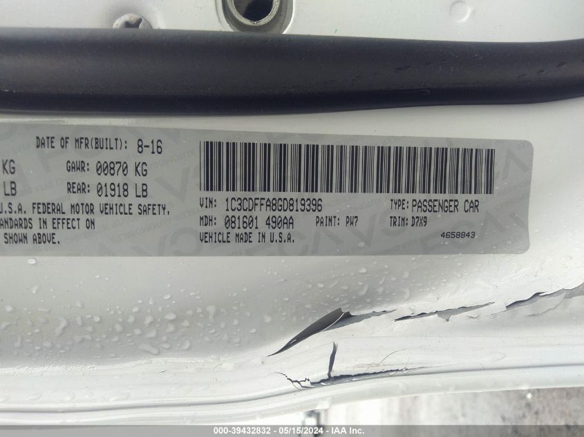 2016 Dodge Dart Sxt Sport VIN: 1C3CDFFA8GD819396 Lot: 39432832