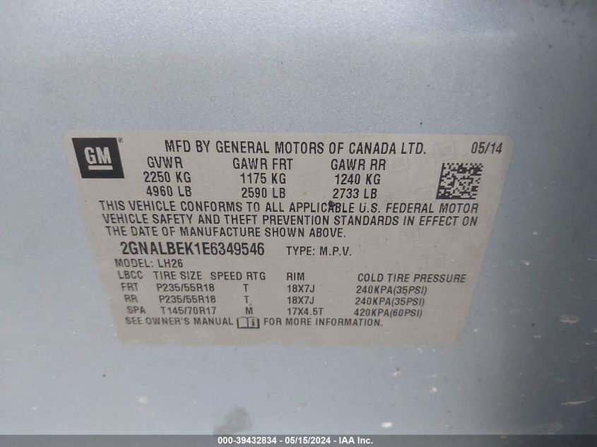 2014 Chevrolet Equinox 1Lt VIN: 2GNALBEK1E6349546 Lot: 39432834