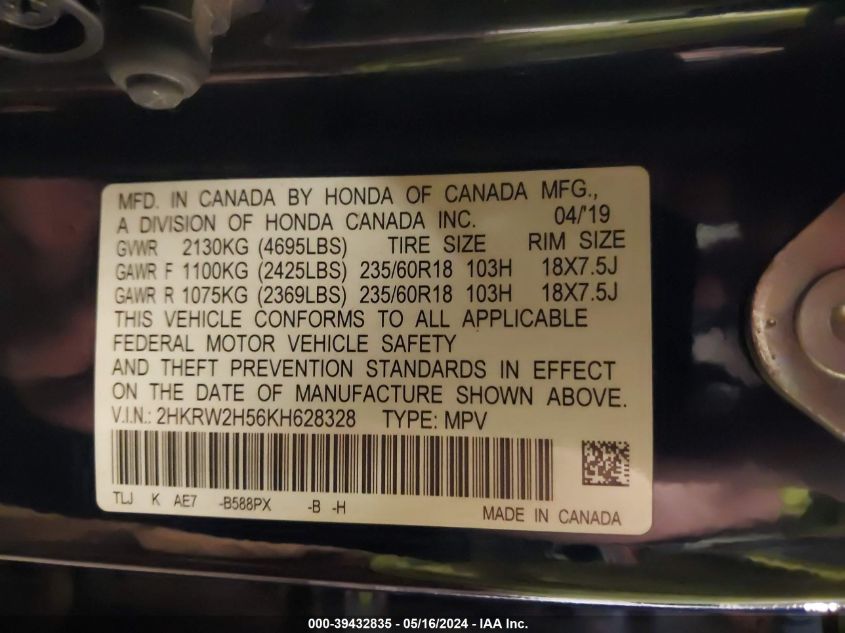 2019 Honda Cr-V Ex VIN: 2HKRW2H56KH628328 Lot: 39432835