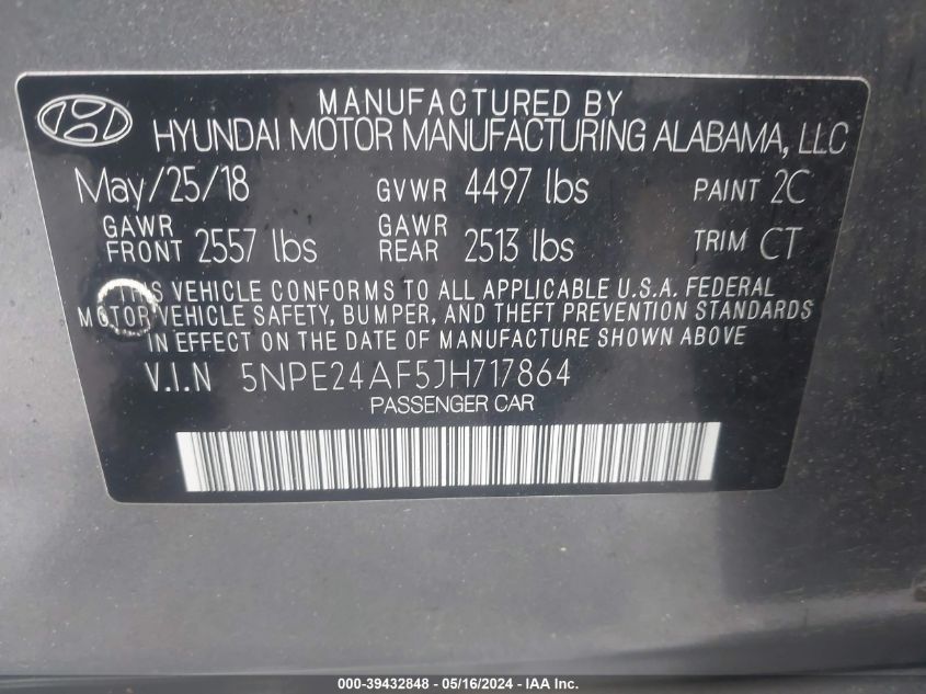 2018 Hyundai Sonata Se VIN: 5NPE24AF5JH717864 Lot: 39432848