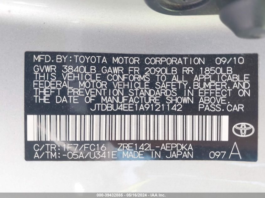 2010 Toyota Corolla Le VIN: JTDBU4EE1A9121142 Lot: 39432885