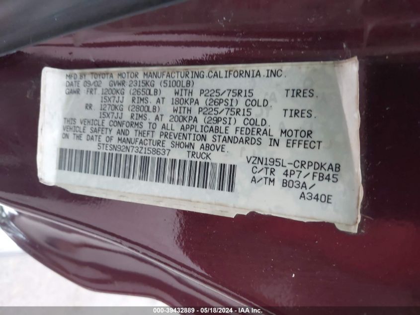 2003 Toyota Tacoma Prerunner V6 VIN: 5TESN92N73Z158637 Lot: 39432889