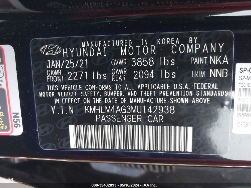 2021 Hyundai Elantra Sel VIN: KMHLM4AG3MU142938 Lot: 39432893