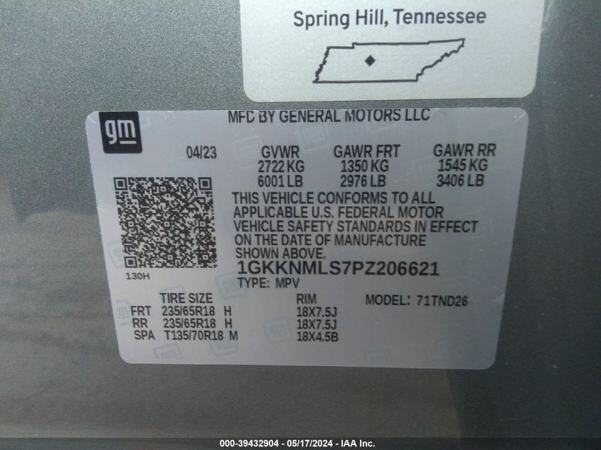 2023 GMC Acadia Fwd Slt VIN: 1GKKNMLS7PZ206621 Lot: 39432904