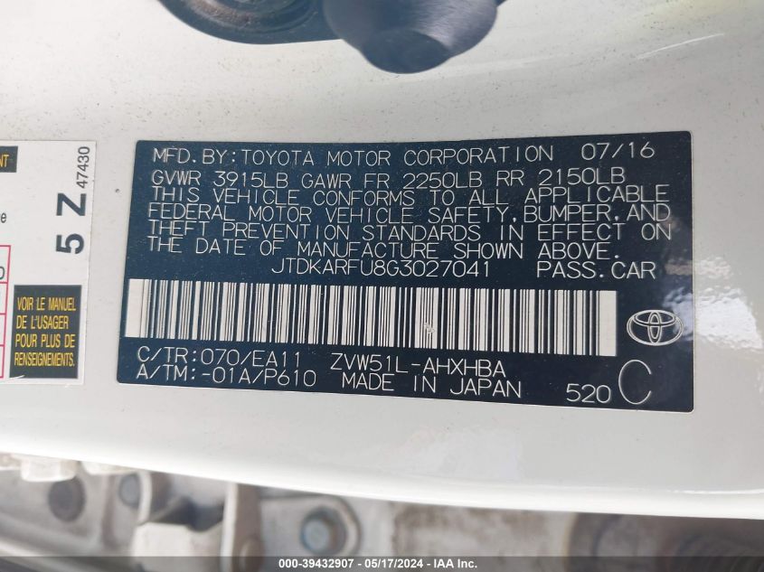 2016 Toyota Prius Three Touring VIN: JTDKARFU8G3027041 Lot: 39432907