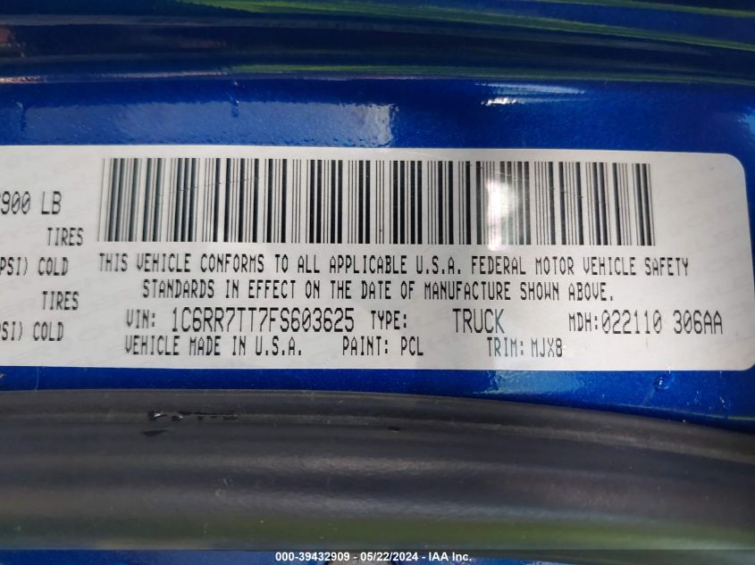 2015 Ram 1500 Big Horn VIN: 1C6RR7TT7FS603625 Lot: 39432909