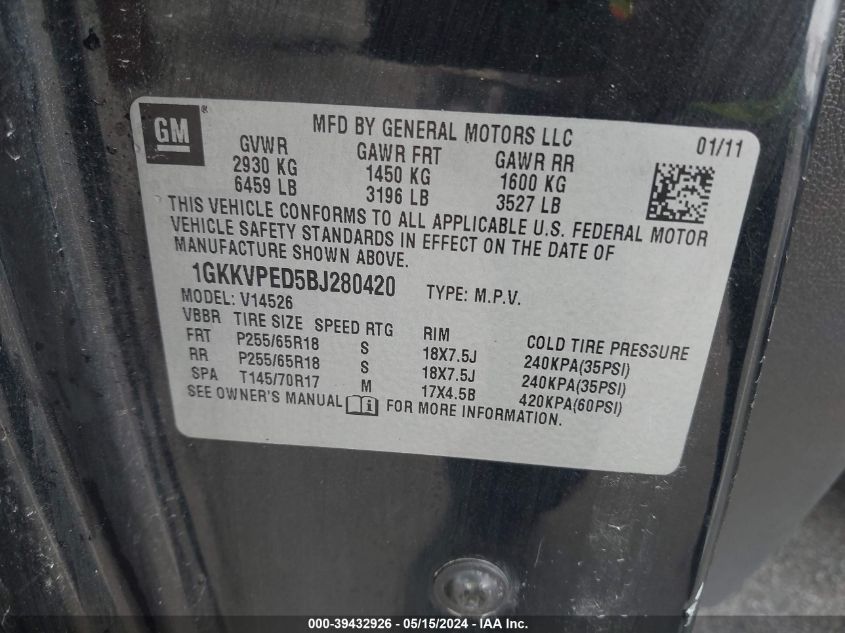 2011 GMC Acadia Sle VIN: 1GKKVPED5BJ280420 Lot: 39432926