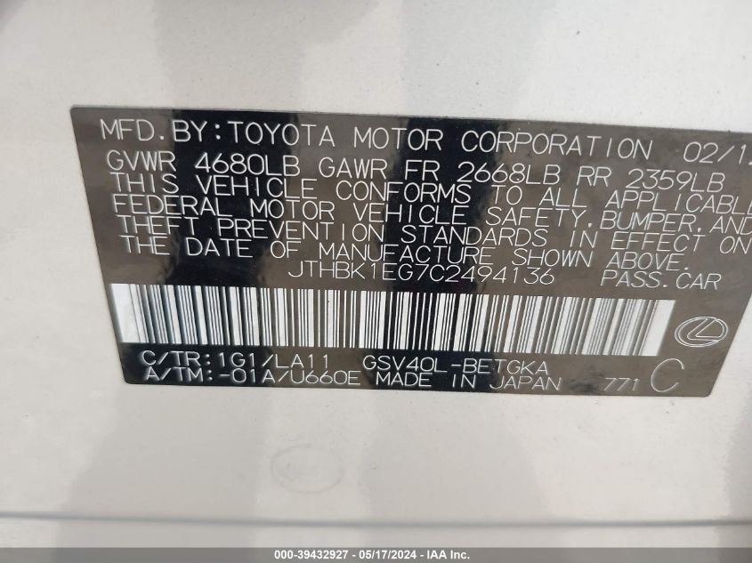 2012 Lexus Es 350 VIN: JTHBK1EG7C2494136 Lot: 39432927