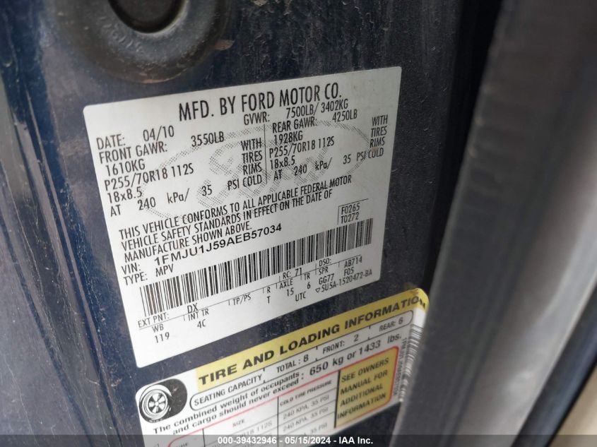 2010 Ford Expedition Eddie Bauer/King Ranch VIN: 1FMJU1J59AEB57034 Lot: 39432946