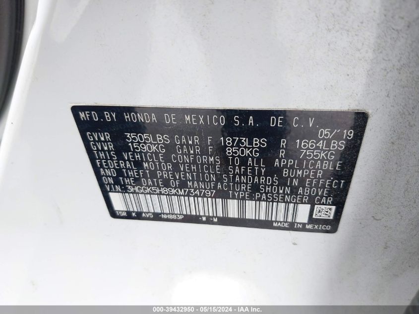 2019 Honda Fit Ex VIN: 3HGGK5H89KM734797 Lot: 39432950