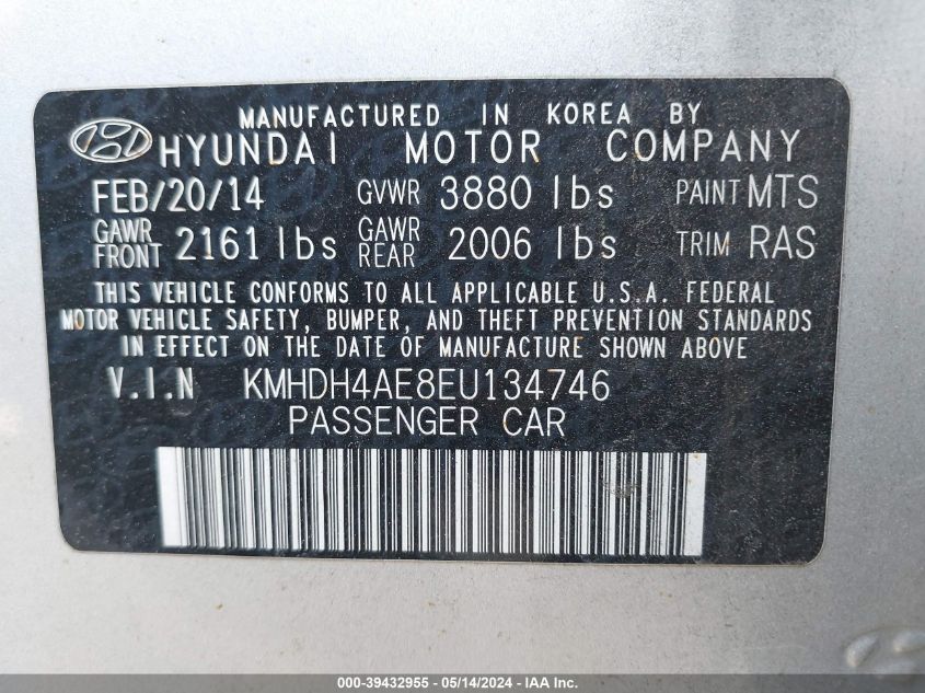 2014 Hyundai Elantra Se VIN: KMHDH4AE8EU134746 Lot: 39432955