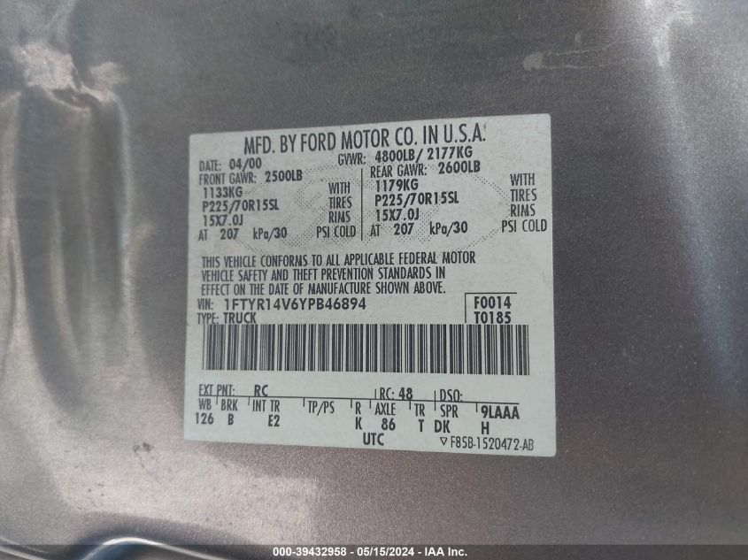 2000 Ford Ranger Xl/Xlt VIN: 1FTYR14V6YPB46894 Lot: 39432958