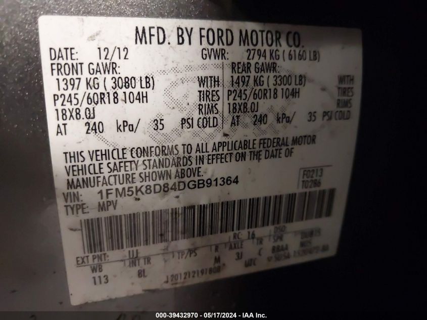 2013 Ford Explorer Xlt VIN: 1FM5K8D84DGB91364 Lot: 39432970