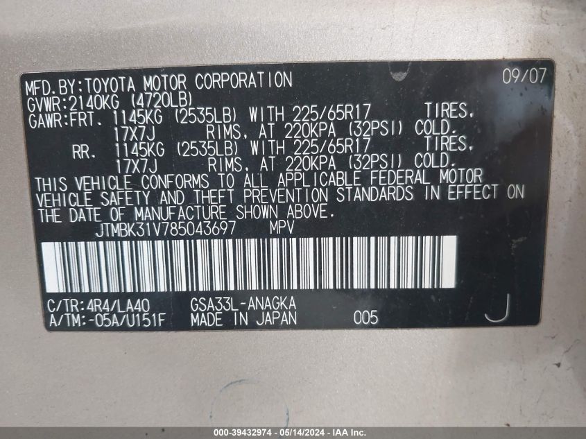 2008 Toyota Rav4 Limited V6 VIN: JTMBK31V785043697 Lot: 39432974