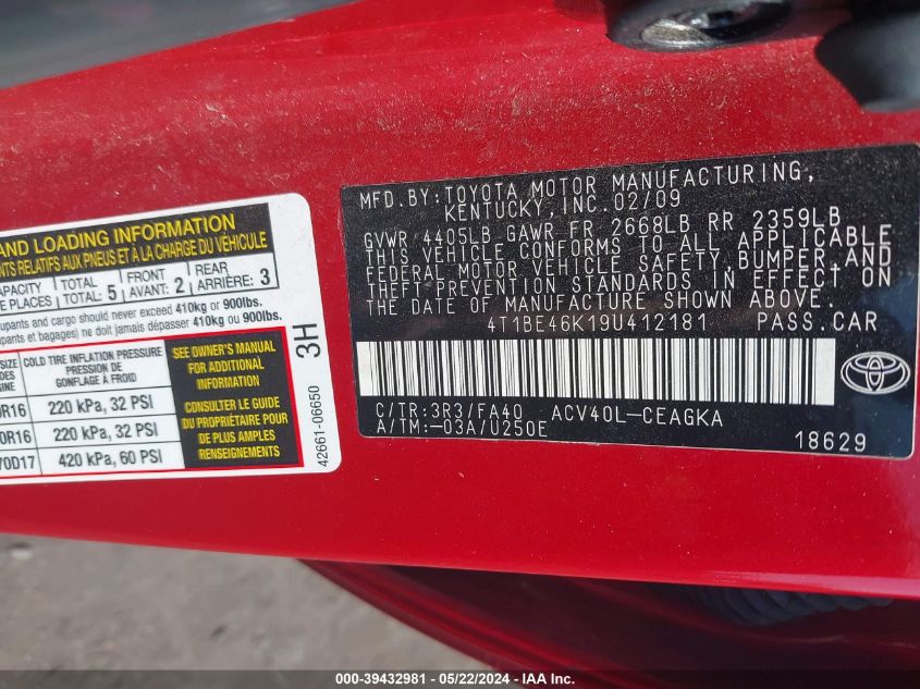 2009 Toyota Camry Xle VIN: 4T1BE46K19U412181 Lot: 39432981